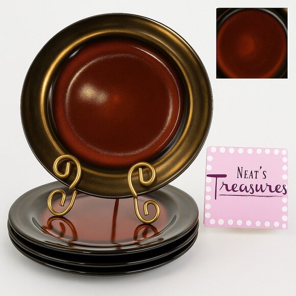 Over and Back Crackled Design Red Bronze Rim Round Ceramic Dinner Plates Set 4 - Picture 1 of 16